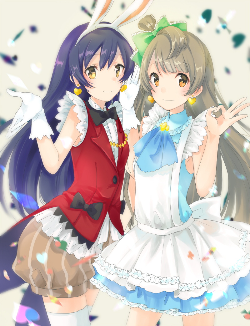 2girls animal_ears bangs blue_hair blush earrings eyebrows_visible_through_hair gloves grey_hair hair_between_eyes jewelry korekara_no_someday long_hair looking_at_viewer love_live! love_live!_school_idol_project lunica minami_kotori multiple_girls one_side_up rabbit_ears smile sonoda_umi thigh-highs white_gloves white_legwear yellow_eyes