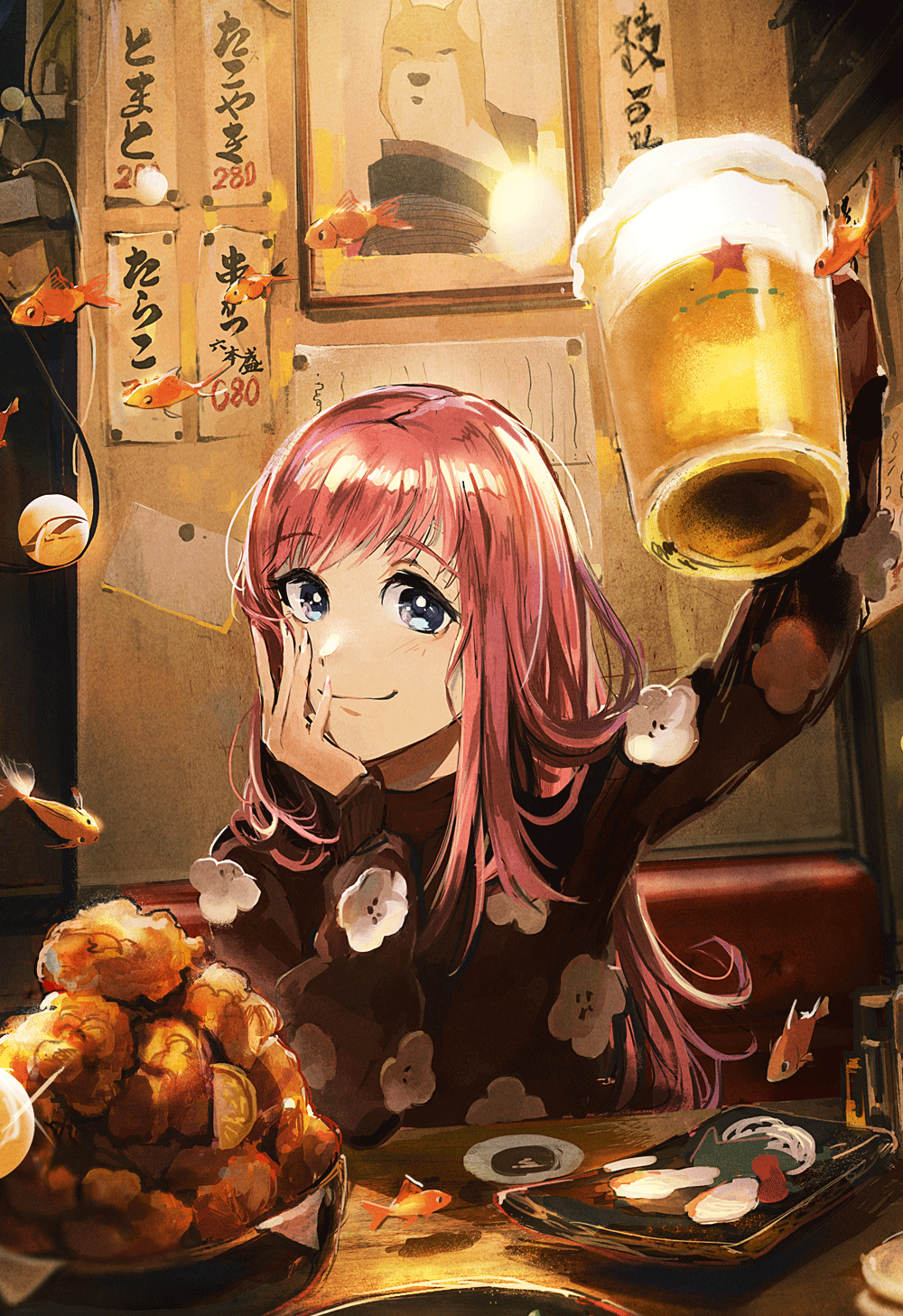 1girl alcohol bayashiko beer blue_eyes bowl brown_sweater closed_mouth commentary_request cup dog drinking_glass eyebrows_visible_through_hair fish food food_request goldfish hand_on_own_face highres holding holding_drinking_glass indoors long_sleeves looking_at_viewer original pink_hair portrait_(object) smile solo sweater