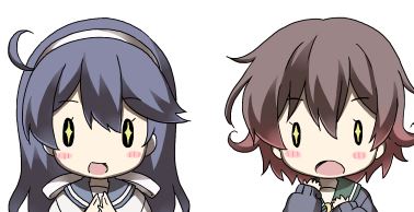 +_+ 2girls bangs black_eyes black_hair blue_cardigan brown_hair cardigan commentary_request eyebrows_visible_through_hair gradient_hair hair_between_eyes hairband hands_up kantai_collection long_hair long_sleeves looking_at_viewer lowres multicolored_hair multiple_girls mutsuki_(kantai_collection) own_hands_together redhead rioshi school_uniform serafuku shirt short_hair simple_background sleeves_past_wrists ushio_(kantai_collection) white_background white_hairband white_shirt