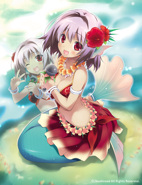 1girl bare_shoulders blush bracelet breasts cardfight!!_vanguard cleavage company_name dark_skin flower hair_flower hair_ornament head_fins jewelry leaf looking_at_viewer medium_breasts mermaid microphone mirror_diva_biscayne monster_girl necklace official_art one_eye_closed open_mouth purple_hair red_eyes sakana sitting smile
