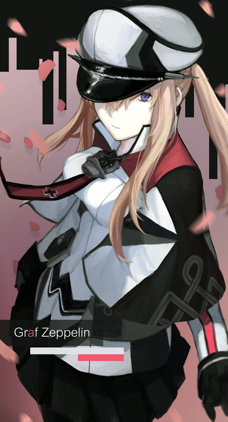 1girl black_gloves black_legwear blonde_hair blue_eyes breasts capelet character_name cross floating_hair gloves graf_zeppelin_(kantai_collection) hair_between_eyes hat highres impossible_clothes jacket kantai_collection kuli large_breasts long_hair looking_at_viewer military military_hat military_uniform miniskirt necktie pantyhose peaked_cap petals pouch sidelocks skirt smile solo tsurime twintails uniform wind wind_lift