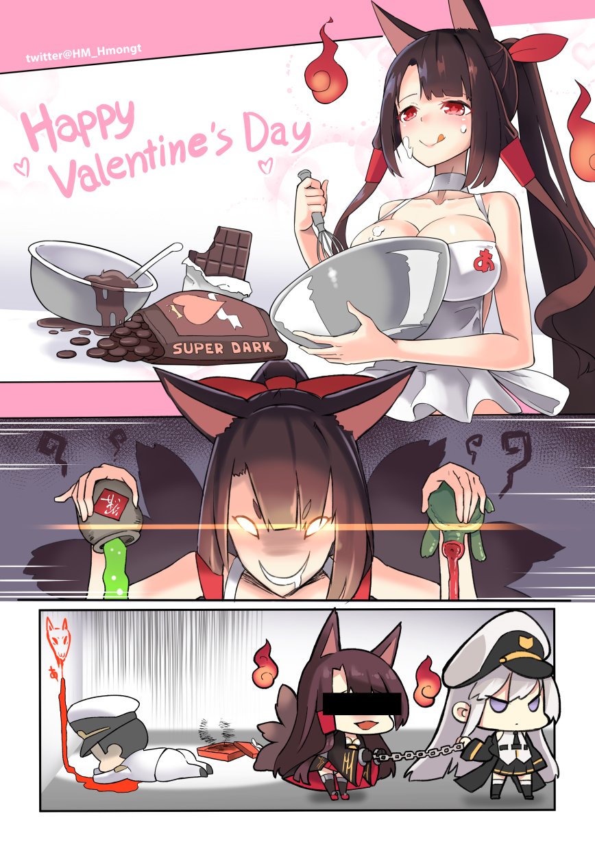 1boy 2girls :d admiral_(azur_lane) akagi_(azur_lane) alternate_costume alternate_hairstyle apron azur_lane bar_censor black_legwear blood blood_stain bottle breasts brown_hair censored chains chibi chocolate_bar choker cleavage comic commentary cuffs dying_message enterprise_(azur_lane) fox fox_tail grey_hair hair_ribbon hair_tubes handcuffs hat highres hitodama holding identity_censor japanese_clothes long_hair lying military military_uniform multiple_girls multiple_tails naval_uniform necktie on_stomach open_mouth peaked_cap phandit_thirathon pleated_skirt ponytail potion red_eyes ribbon shaker silent_comic skirt smile smirk tail thigh-highs translation_request twitter_username uniform violet_eyes white_hair wide_sleeves zettai_ryouiki