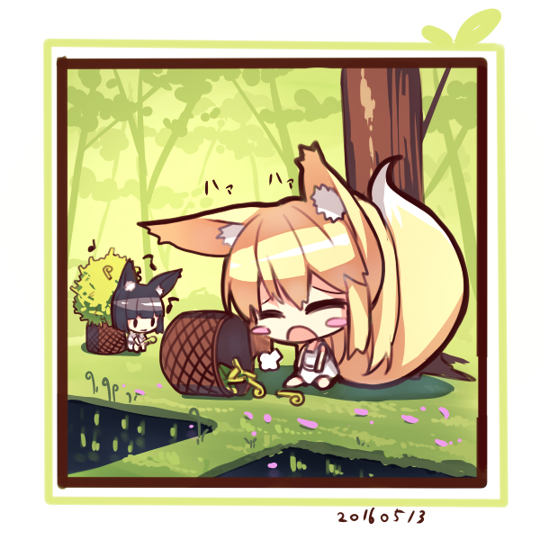 2girls :o animal_ears bangs barefoot basket black_hair blonde_hair chibi closed_eyes dated day dress eyebrows_visible_through_hair fox_ears fox_girl fox_tail hair_between_eyes long_hair multiple_girls musical_note open_mouth original outdoors quaver sidelocks sitting sleeveless sleeveless_dress solid_oval_eyes squatting tail tree very_long_hair white_dress yuuji_(yukimimi)