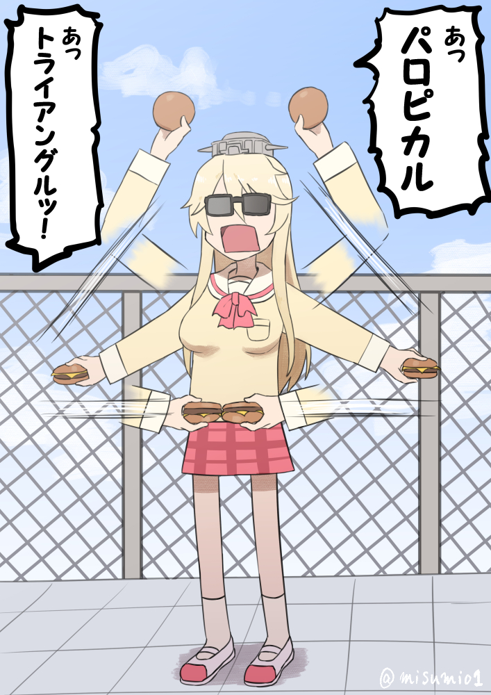 1girl aioi_yuuko aioi_yuuko_(cosplay) alternate_costume blonde_hair blue_sky breast_pocket chain-link_fence clouds cloudy_sky cosplay fence food hamburger headgear holding iowa_(kantai_collection) kantai_collection long_hair looking_at_viewer misumi_(niku-kyu) nichijou parody plaid plaid_skirt pocket school_uniform serafuku skirt sky solo sunglasses twitter_username