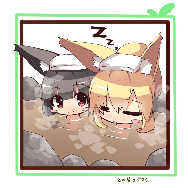 animal_ears bangs black_hair blonde_hair blush blush_stickers chibi closed_eyes closed_mouth dated eyebrows_visible_through_hair fox_ears fox_girl hair_between_eyes long_hair nose_blush nude original parted_lips partially_submerged red_eyes rock sidelocks sleeping sleeping_upright steam towel towel_on_head yuuji_(yukimimi) zzz