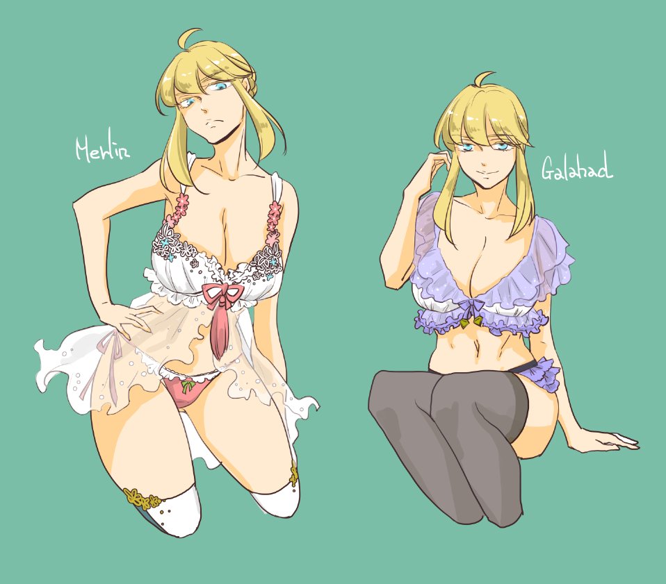 1girl artoria_pendragon_(all) artoria_pendragon_(lancer) blonde_hair bra breasts cleavage gloves green_eyes large_breasts lingerie old_priest panties pantyshot side-tie_panties simple_background smile solo underwear underwear_only