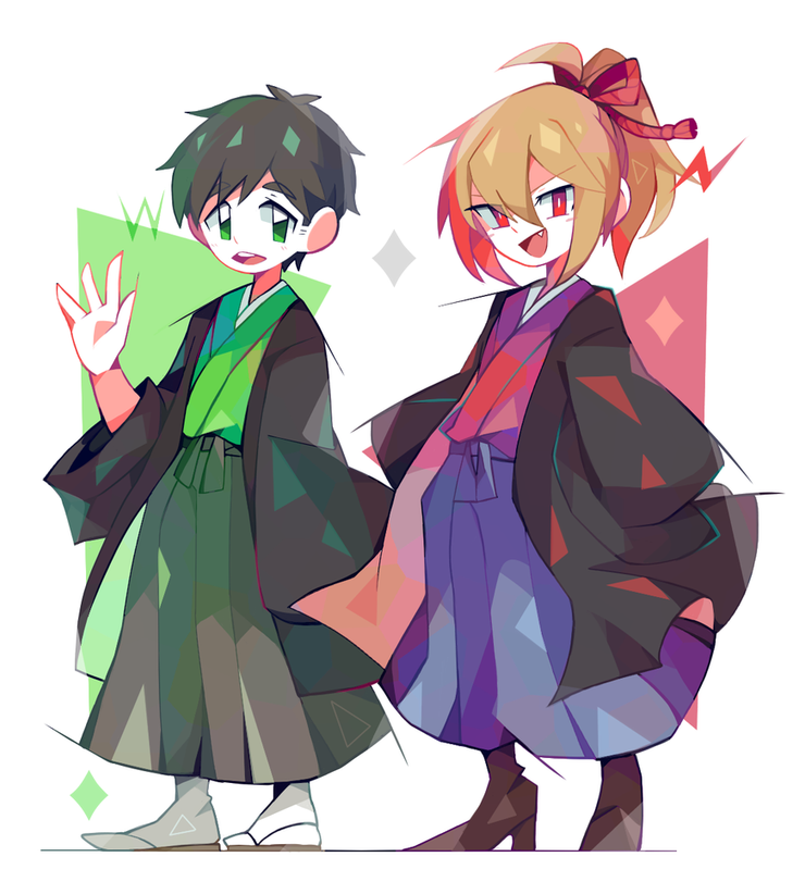 1boy 1girl :d amakusa_(hidorozoa) blonde_hair blue_hakama boots bright_pupils brown_hair copyright_request fang green_eyes green_hakama hair_between_eyes hakama hand_up high_heel_boots high_heels jacket japanese_clothes long_sleeves looking_at_viewer open_mouth ponytail red_eyes round_teeth sandals smile tabi teeth waving white_legwear wide_sleeves