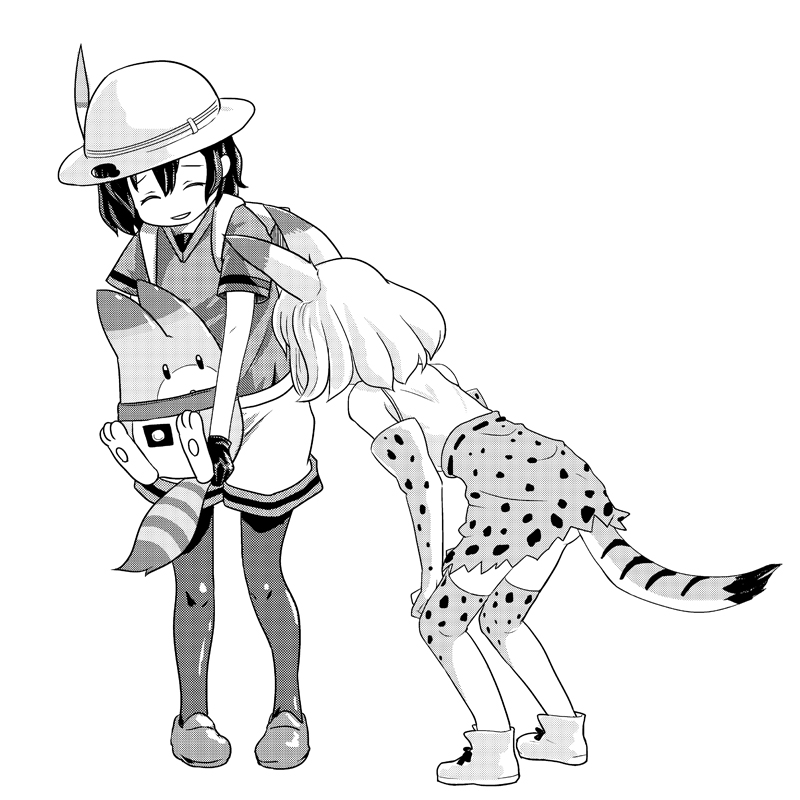 2girls animal_ears backpack bag bare_shoulders bent_over bucket_hat closed_eyes gloves greyscale hat kaban_(kemono_friends) kemono_friends legwear_under_shorts lucky_beast_(kemono_friends) monochrome multiple_girls pantyhose serval_(kemono_friends) serval_ears serval_print serval_tail shirt short_hair shorts skirt t-shirt tail thigh-highs yucke0808