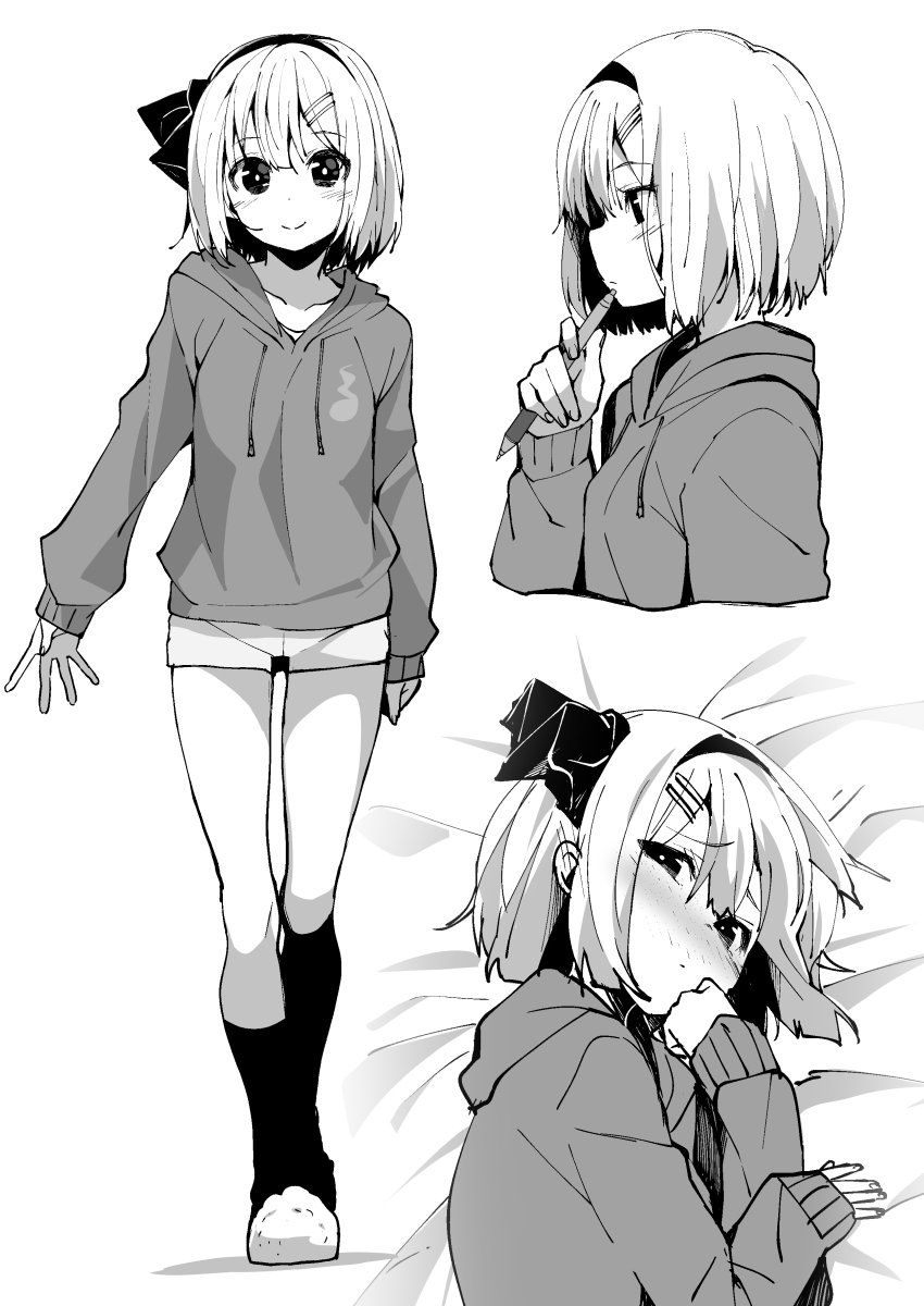 1girl alternate_costume bangs bed_sheet blush bright_pupils casual closed_mouth drawstring eyebrows_visible_through_hair full_body greyscale hair_ornament hair_ribbon hairband hairclip highres holding holding_pen hood hood_down hoodie kneehighs konpaku_youmu long_sleeves looking_at_viewer monochrome multiple_views nigo_(aozoragarou) nose_blush on_bed pen profile ribbon short_shorts shorts simple_background sleeves_past_wrists slippers smile solo tareme touhou upper_body white_background