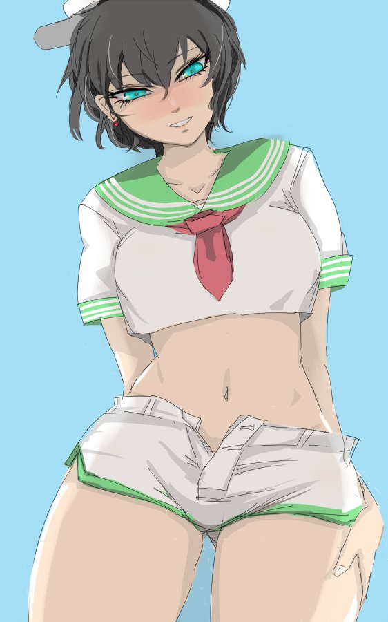 1girl aqua_background bare_legs black_hair blue_eyes blush collarbone commentary_request cowboy_shot crop_top ear_piercing ginji_(sakaki_summer) hand_on_own_thigh hat looking_at_viewer midriff murasa_minamitsu navel open_fly parted_lips piercing sailor sailor_collar sailor_hat sailor_shirt shirt short_hair short_shorts short_sleeves shorts simple_background smile solo thighs touhou white_hat white_shirt white_shorts