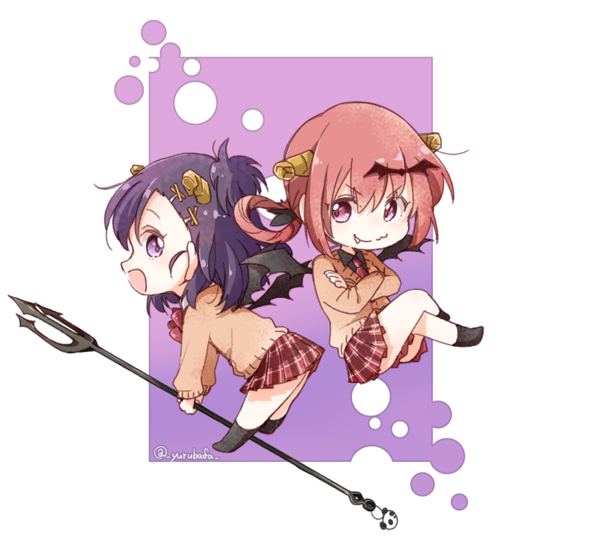 &gt;:3 2girls back-to-back bafarin bat_hair_ornament black_legwear cardigan charm_(object) chibi commentary_request demon_horns demon_wings fang floating gabriel_dropout hair_ornament hair_rings horns kurumizawa_satanichia_mcdowell legs_crossed looking_at_another multiple_girls necktie open_mouth pink_eyes pleated_skirt polearm purple_background purple_hair redhead sidelocks skirt smile topknot trident tsukinose_vignette_april twitter_username violet_eyes weapon wings x_hair_ornament