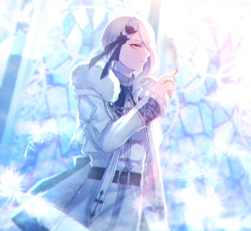 absol androgynous belt blurry blurry_background braid feathers fur_trim inside jacket lens_flare long_hair moe_(hamhamham) pants personification pokemon red_eyes solo stained_glass standing white_hair white_pants