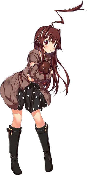 1girl ahoge alternate_costume boots brown_eyes brown_hair kantai_collection kuma_(kantai_collection) long_hair official_art pout pouty_lips stuffed_animal stuffed_toy teddy_bear torn_clothes ugume x_x