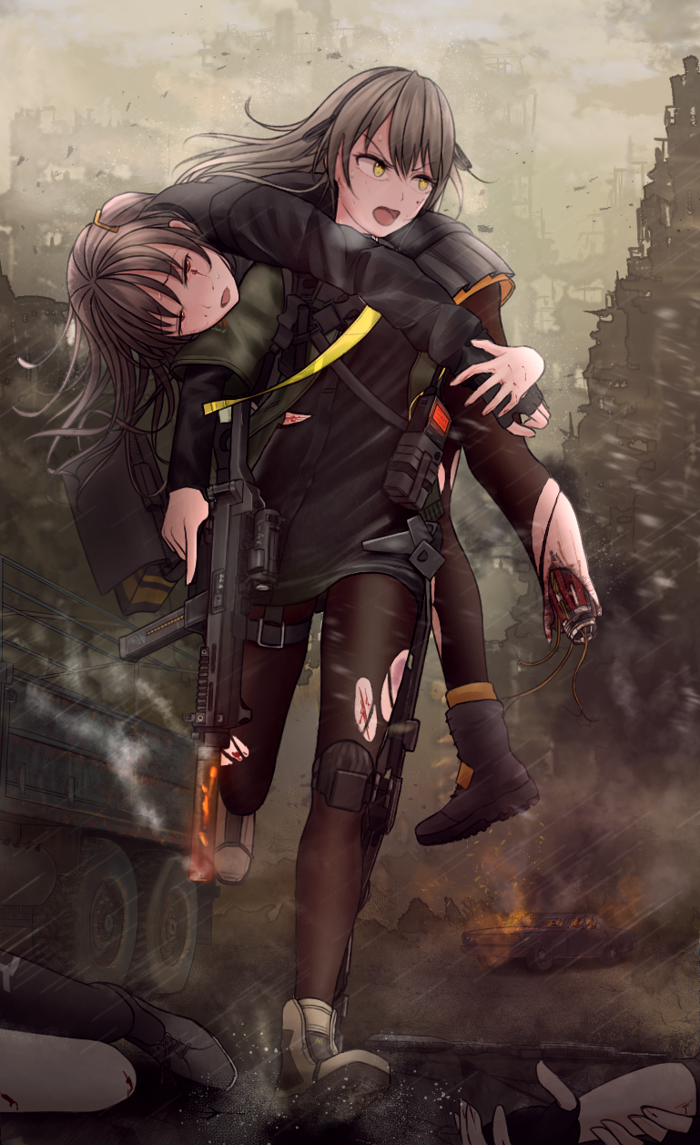 2girls amputee ankle_boots bag bangs black_footwear black_hairband black_legwear black_ribbon black_shirt blood blood_on_face boots brown_footwear brown_hair building car clouds cloudy_sky corpse damaged death eyebrows_visible_through_hair fire full_body girls_frontline grey_skirt ground_vehicle gun hair_ribbon hairband half-closed_eye highres holding holding_gun holding_weapon knee_pads layered_sleeves long_hair long_sleeves looking_to_the_side motion_blur motor_vehicle multiple_girls one_leg_raised one_side_up open_mouth outdoors pantyhose parts_exposed person_carrying pleated_skirt rain red_eyes ribbon rifle ruins running shirt skirt sky sniper_rifle testame thigh_strap torn_clothes torn_pantyhose torn_shirt trigger_discipline ump40_(girls_frontline) ump45_(girls_frontline) v-shaped_eyebrows walkie-talkie weapon yellow_eyes