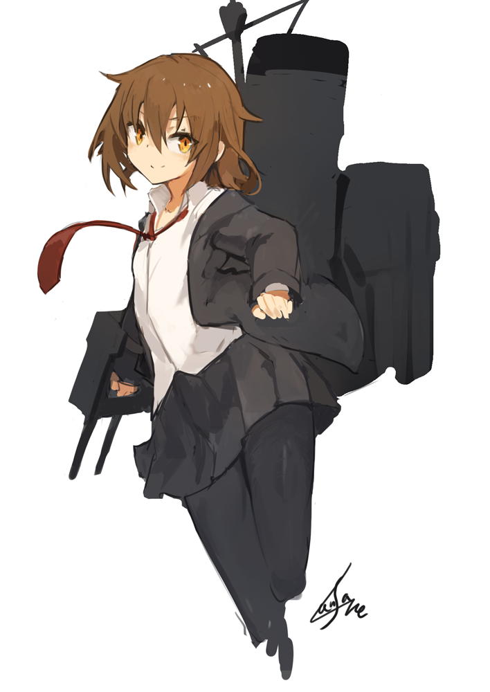 1girl black_legwear black_skirt blush brown_hair cannon closed_mouth commentary_request cropped_legs grey_jacket hair_between_eyes holding jacket kantai_collection lansane looking_at_viewer machinery necktie open_clothes open_jacket orange_eyes pantyhose red_neckwear shirt short_hair signature simple_background skirt smile solo standing standing_on_one_leg wakaba_(kantai_collection) white_background white_shirt