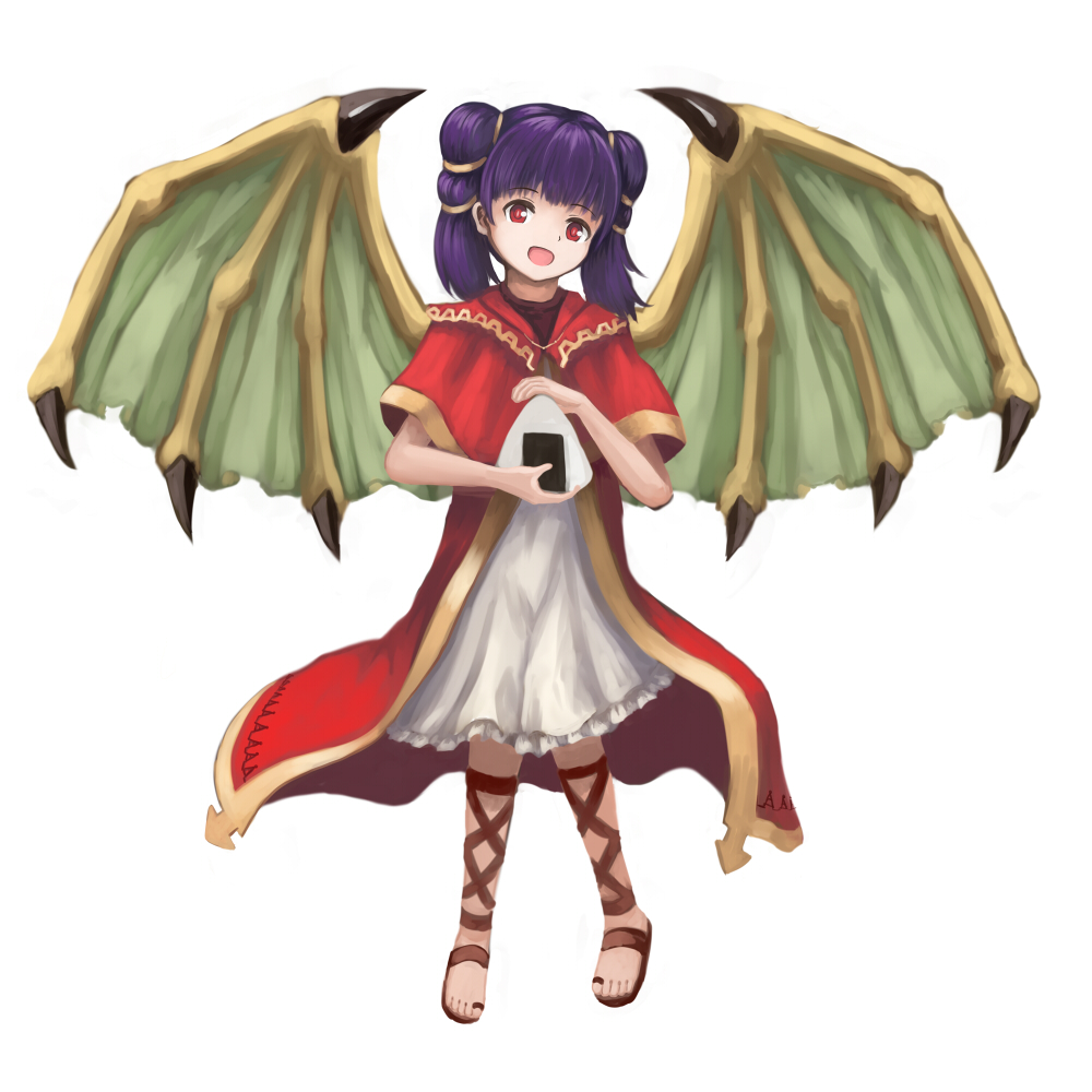 1girl dragon_girl dragon_wings fire_emblem fire_emblem:_seima_no_kouseki food holding holding_food looking_at_viewer myrrh onigiri purple_hair red_eyes sandals simple_background smile solo twintails white_background wings