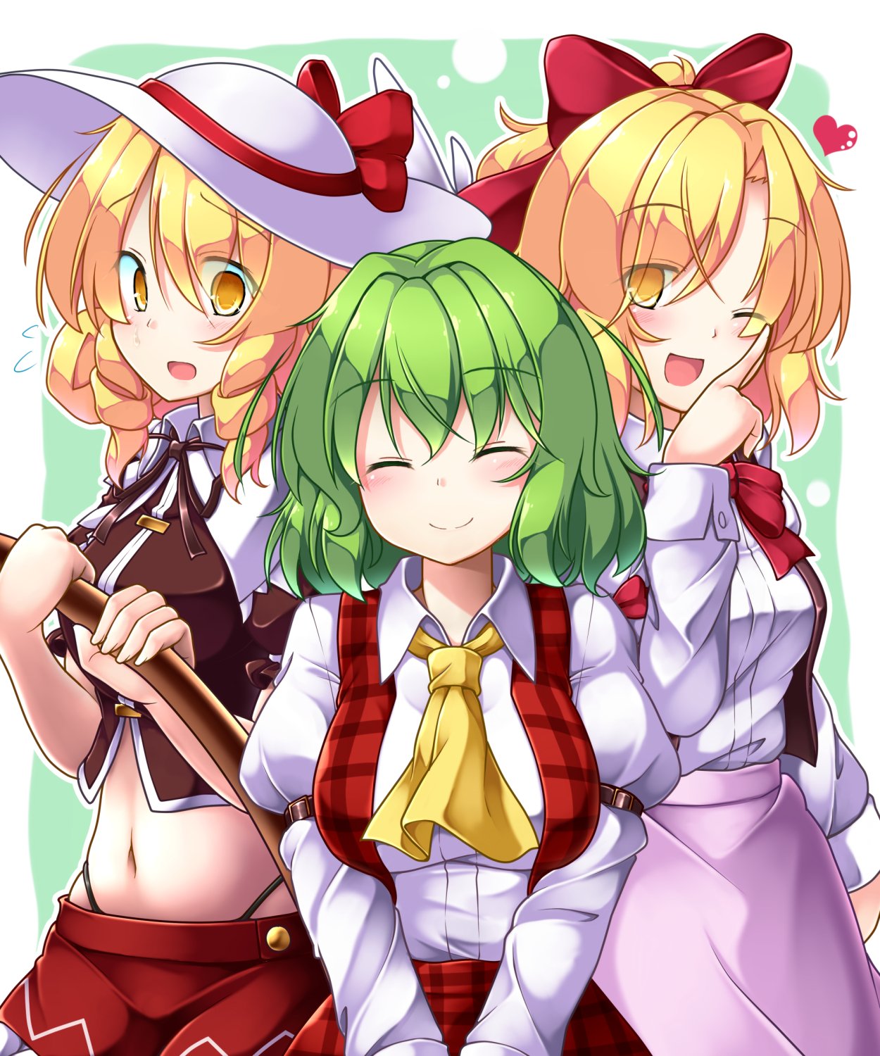 3girls aka_tawashi ascot blonde_hair blush bow breasts commentary_request cowboy_shot elly eyebrows_visible_through_hair flying_sweatdrops gengetsu green_background green_hair hair_bow hat hat_bow heart highres holding index_finger_raised juliet_sleeves kazami_yuuka long_sleeves looking_at_viewer medium_breasts midriff multiple_girls navel neck_ribbon one_eye_closed open_mouth pink_skirt plaid plaid_vest puffy_sleeves red_bow red_skirt red_vest ribbon shirt short_hair skirt smile standing touhou touhou_(pc-98) two-tone_background vest white_background white_hat white_shirt yellow_eyes yellow_neckwear