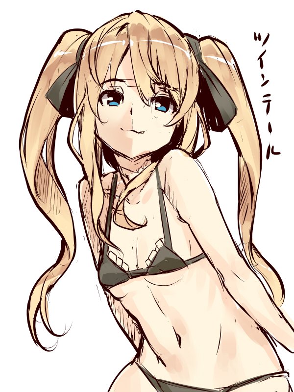 1girl bangs bare_arms bare_shoulders bikini black_bikini black_bow blonde_hair blue_eyes bow breasts closed_mouth collarbone eyebrows_visible_through_hair hair_between_eyes hair_bow long_hair looking_away navel original sidelocks simple_background sketch small_breasts solo swimsuit translated twintails very_long_hair white_background yuuji_(yukimimi)