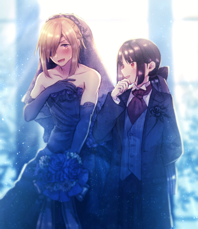 2girls :d aegislash arm_behind_back bare_shoulders black_gloves black_hair blonde_hair blurry blurry_background blush bouquet collarbone corsage dress elbow_gloves flower formal gloves greninja indoors long_hair looking_at_another moe_(hamhamham) multiple_girls open_mouth personification pokemon ponytail red_eyes short_hair smile standing suit veil vest violet_eyes wedding_dress wife_and_wife yuri