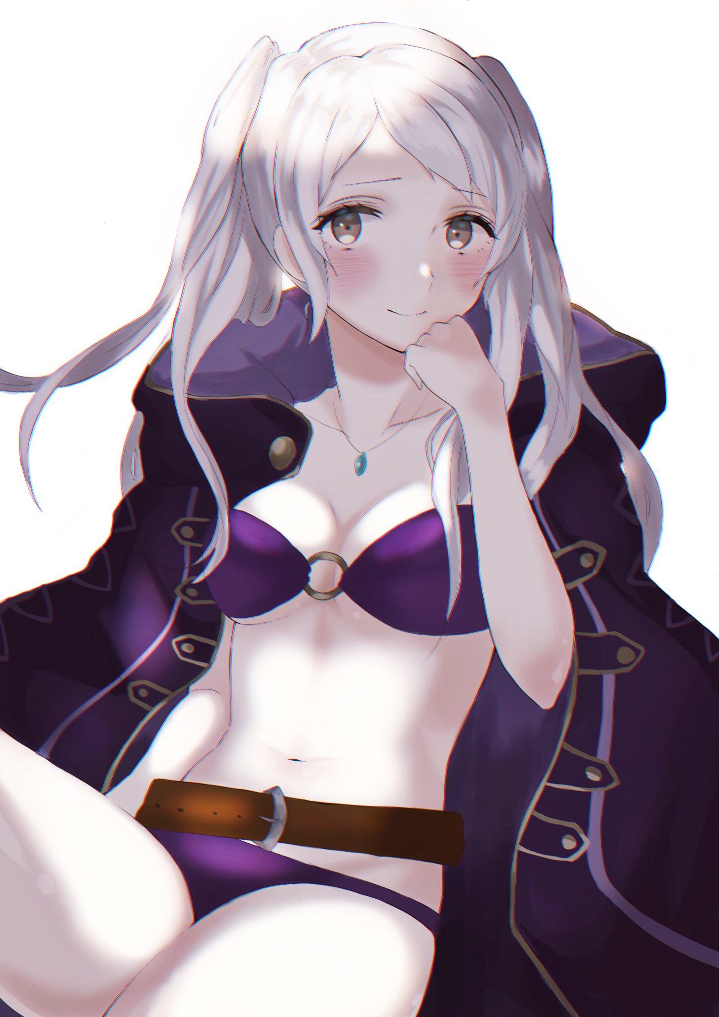 1girl bikini cape female_my_unit_(fire_emblem:_kakusei) fire_emblem fire_emblem:_kakusei fire_emblem_heroes highres long_hair looking_at_viewer my_unit_(fire_emblem:_kakusei) navel robe smile solo swimsuit twintails white_hair