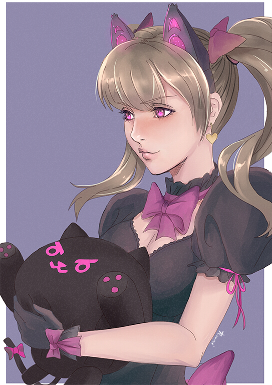 1girl :3 animal_ears black_cat_d.va blonde_hair bow bowtie d.va_(overwatch) earrings fake_animal_ears gloves hair_bow jewelry overwatch pink_eyes purple_background ryumi-gin simple_background solo stuffed_animal stuffed_toy twintails