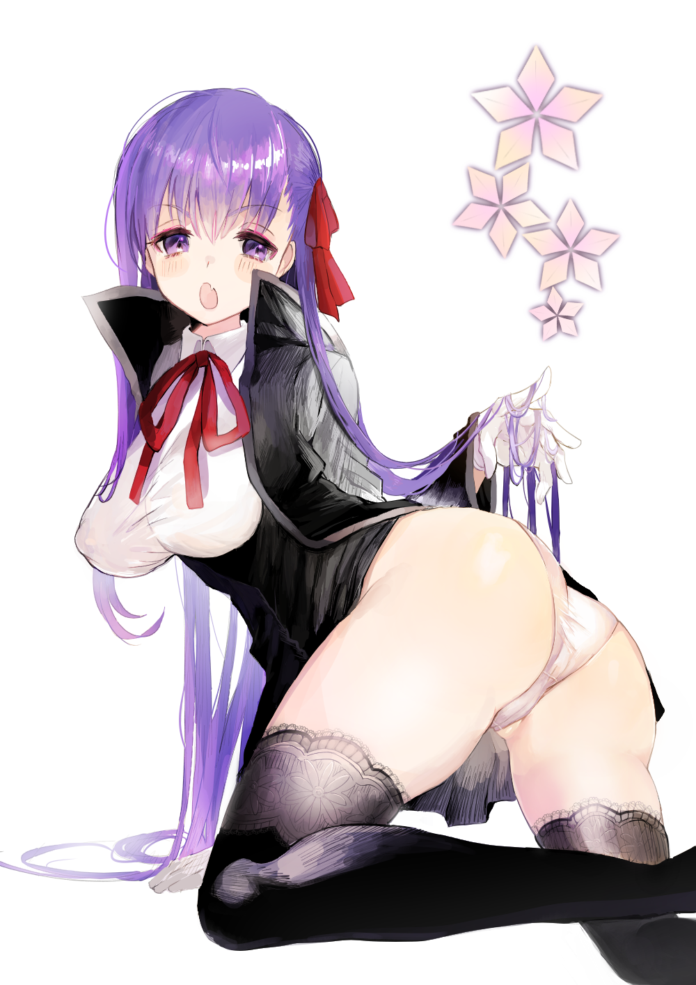 1girl ass bb_(fate/extra_ccc) black_legwear bow breasts fang fate/extra fate/extra_ccc fate/grand_order fate_(series) gloves hair_bow highres kirie_nozomi large_breasts leotard long_hair looking_to_the_side purple_hair red_bow ribbon simple_background solo thigh-highs thighs underwear very_long_hair violet_eyes white_background white_gloves white_leotard