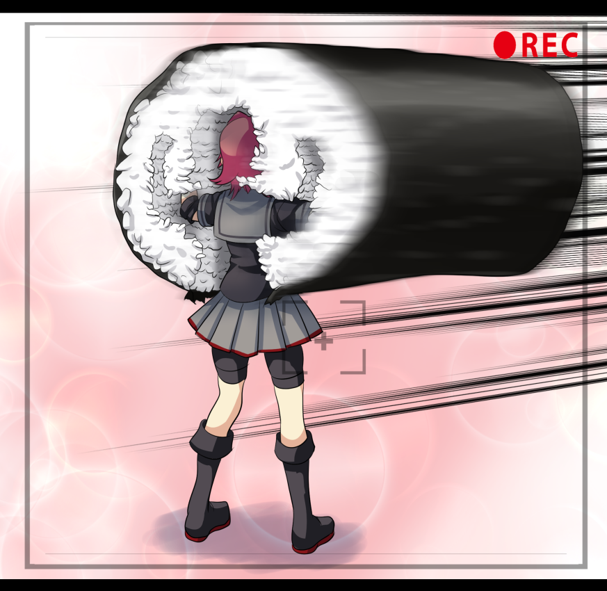 1girl arms_up bike_shorts boots commentary_request ehoumaki food from_behind full_body kantai_collection kinu_(kantai_collection) knee_boots letterboxed makizushi motion_blur pleated_skirt recording redhead remodel_(kantai_collection) rice short_hair shorts_under_skirt skirt solo standing sushi tk8d32 viewfinder