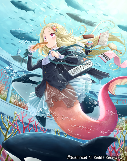 1girl bag blonde_hair book bubble cardfight!!_vanguard company_name coral dreamer_dreamer_kruk eating fish food food_in_mouth hair_ornament hairclip long_hair mouth_hold musical_note official_art orca pink_eyes squid tadokoro_teppei toast toast_in_mouth underwater