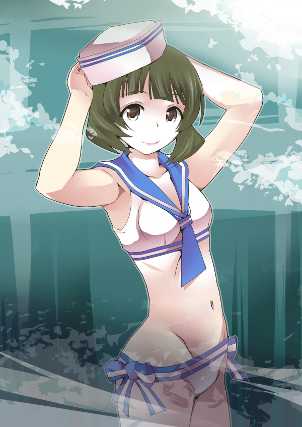 1girl akizuki_ryou antenna_hair bikini blue_neckwear blue_sailor_collar breasts brown_eyes brown_hair cowboy_shot fukui_sora genderswap genderswap_(mtf) hat idolmaster idolmaster_dearly_stars looking_at_viewer neckerchief sailor_bikini sailor_collar sailor_hat sailor_swimsuit_(idolmaster) short_hair small_breasts solo swimsuit white_bikini