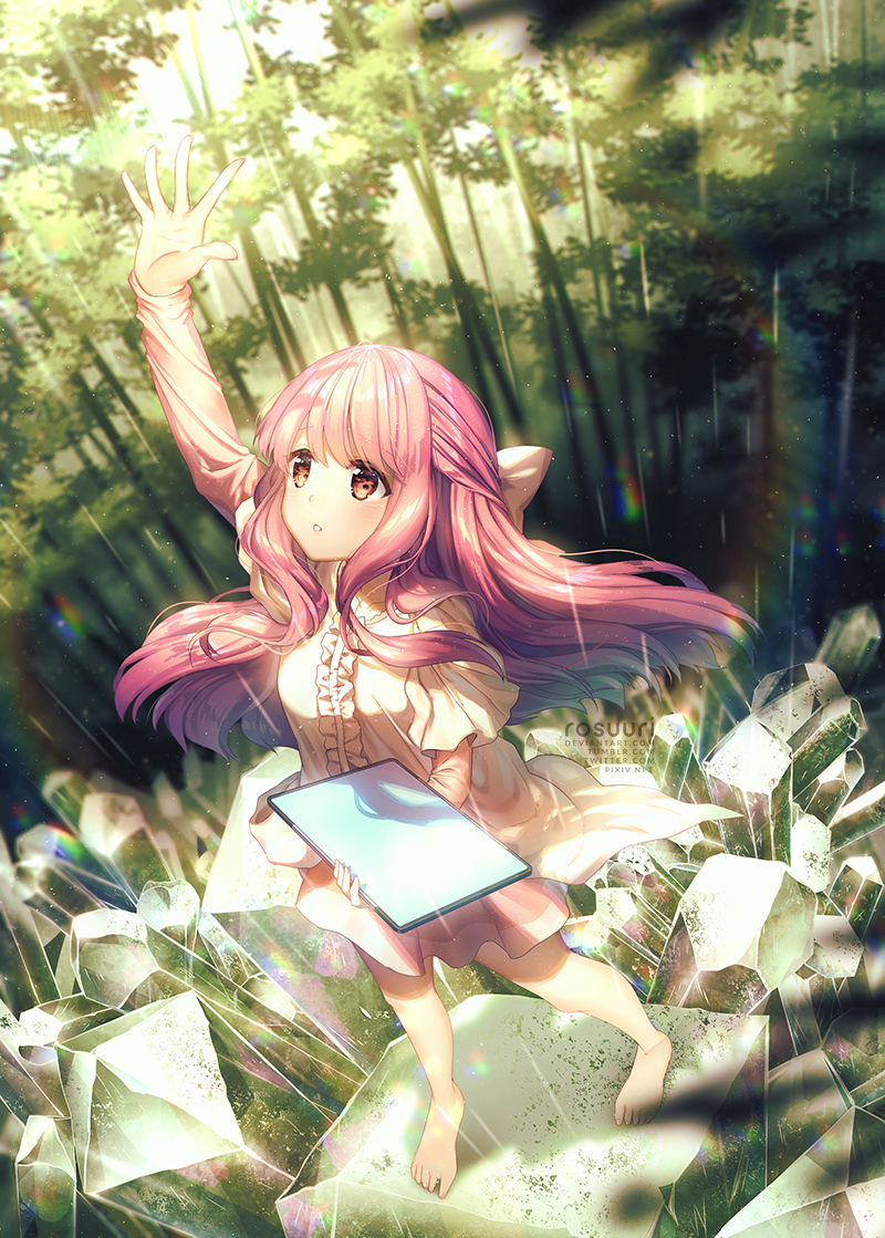 1girl artist_name barefoot bow frills hair_bow long_hair looking_up outstretched_arm parted_lips pink_hair rin_(shelter) rosuuri shelter_(music_video) solo stone