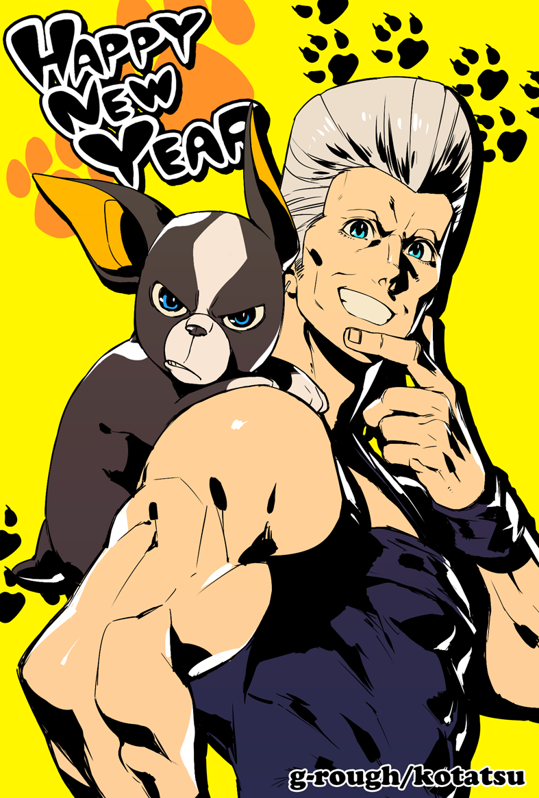 1boy 2018 artist_name bare_shoulders blue_eyes blue_shirt dog english from_side grin hand_up happy_new_year iggy_(jojo) jean_pierre_polnareff jojo_no_kimyou_na_bouken kotatsu_(g-rough) looking_at_viewer male_focus muscle new_year paw_print pompadour shirt silver_hair smile stardust_crusaders upper_body wristband year_of_the_dog yellow_background