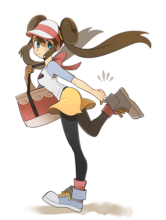 1girl bag black_legwear blue_eyes bow brown_hair denbaa double_bun handbag legwear_under_shorts long_hair mei_(pokemon) pantyhose pink_bow pokemon pokemon_(game) pokemon_bw2 raglan_sleeves shoes short_shorts shorts simple_background sneakers solo twintails very_long_hair visor_cap white_background yellow_shorts