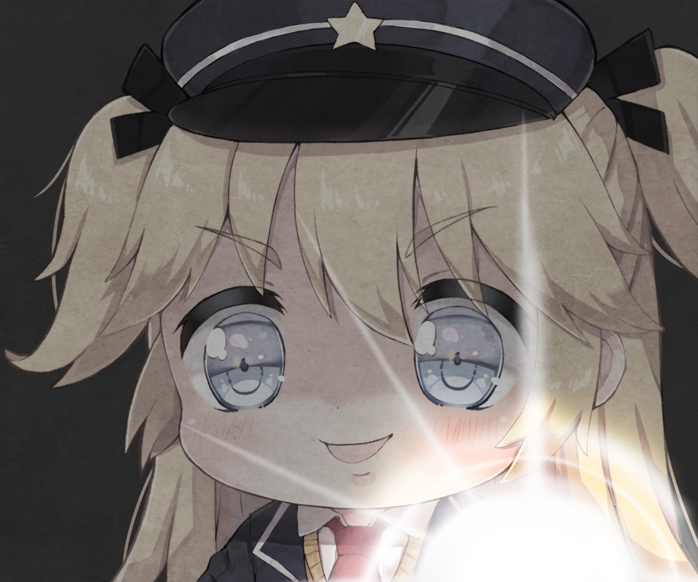 1girl :d bangs black_blazer black_ribbon blazer blonde_hair blue_hat blush chibi collared_shirt eyebrows_visible_through_hair flashlight foreign_blue girls_frontline hair_between_eyes hair_ribbon hat jacket long_hair looking_at_viewer necktie open_mouth peaked_cap red_neckwear ribbon shirt smile solo star super_shorty_(girls_frontline) sweater_vest two_side_up white_shirt