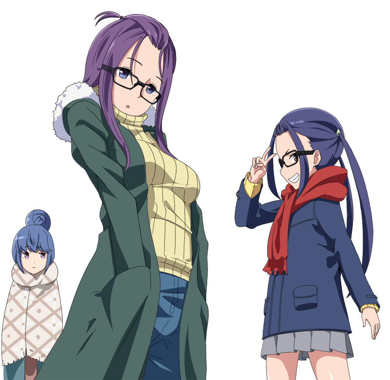 3girls :o bangs bangs_pinned_back black-framed_eyewear blue_coat blue_eyes blue_hair blue_pants coat denim eyebrows_visible_through_hair glasses green_coat grey_skirt grin hair_bun hands_in_pockets jeans kagamihara_sakura long_hair long_sleeves looking_at_viewer miniskirt multiple_girls oogaki_chiaki open_clothes open_coat pants pleated_skirt purple_hair red_scarf ribbed_sweater ribonzu scarf shima_rin sidelocks skirt smile sweater turtleneck turtleneck_sweater twintails v violet_eyes white_background winter_clothes winter_coat yellow_sweater yurucamp