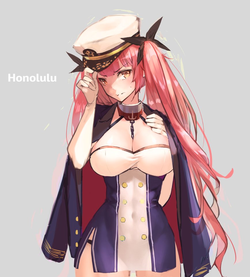 1girl adjusting_clothes adjusting_hat azur_lane breasts chains cleavage dress elbow_gloves gloves ha2ru hair_ribbon hat honolulu_(azur_lane) jacket_on_shoulders large_breasts long_hair looking_at_viewer redhead ribbon twintails white_gloves