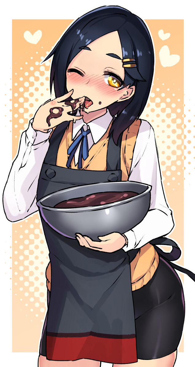 1girl apron bangs bike_shorts black_apron black_hair black_legwear black_shorts blue_ribbon blush bowl chocolate collared_shirt commentary_request cowboy_shot finger_licking finger_to_mouth food food_on_face hair_ornament hairclip heart holding holding_bowl kantai_collection kuroshio_(kantai_collection) licking long_sleeves looking_at_viewer mixing_bowl neck_ribbon one_eye_closed open_mouth orange_eyes parted_bangs ribbon shirt shorts solo sweater_vest taketora_suzume thick_eyebrows white_shirt