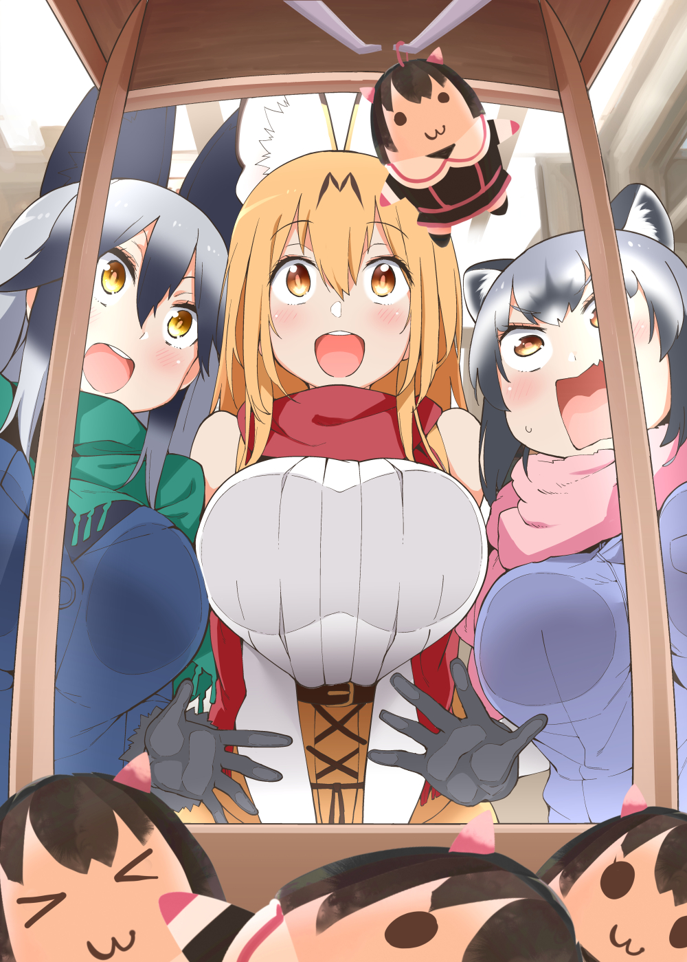 3girls :3 against_glass animal_ears arms_at_sides bangs bare_shoulders belt black_gloves black_hair blonde_hair blue_sweater blush breast_press breasts brown_skirt buttons common_raccoon_(kemono_friends) fang fox_ears gloves gradient_hair green_scarf grey_hair hair_between_eyes hayashi_(l8poushou) highres kemono_friends large_breasts long_hair multicolored_hair multiple_girls open_mouth pink_scarf raccoon_ears red_scarf ribbed_sweater scarf serval_(kemono_friends) serval_ears silver_fox_(kemono_friends) silver_hair skirt standing sweater white_sweater