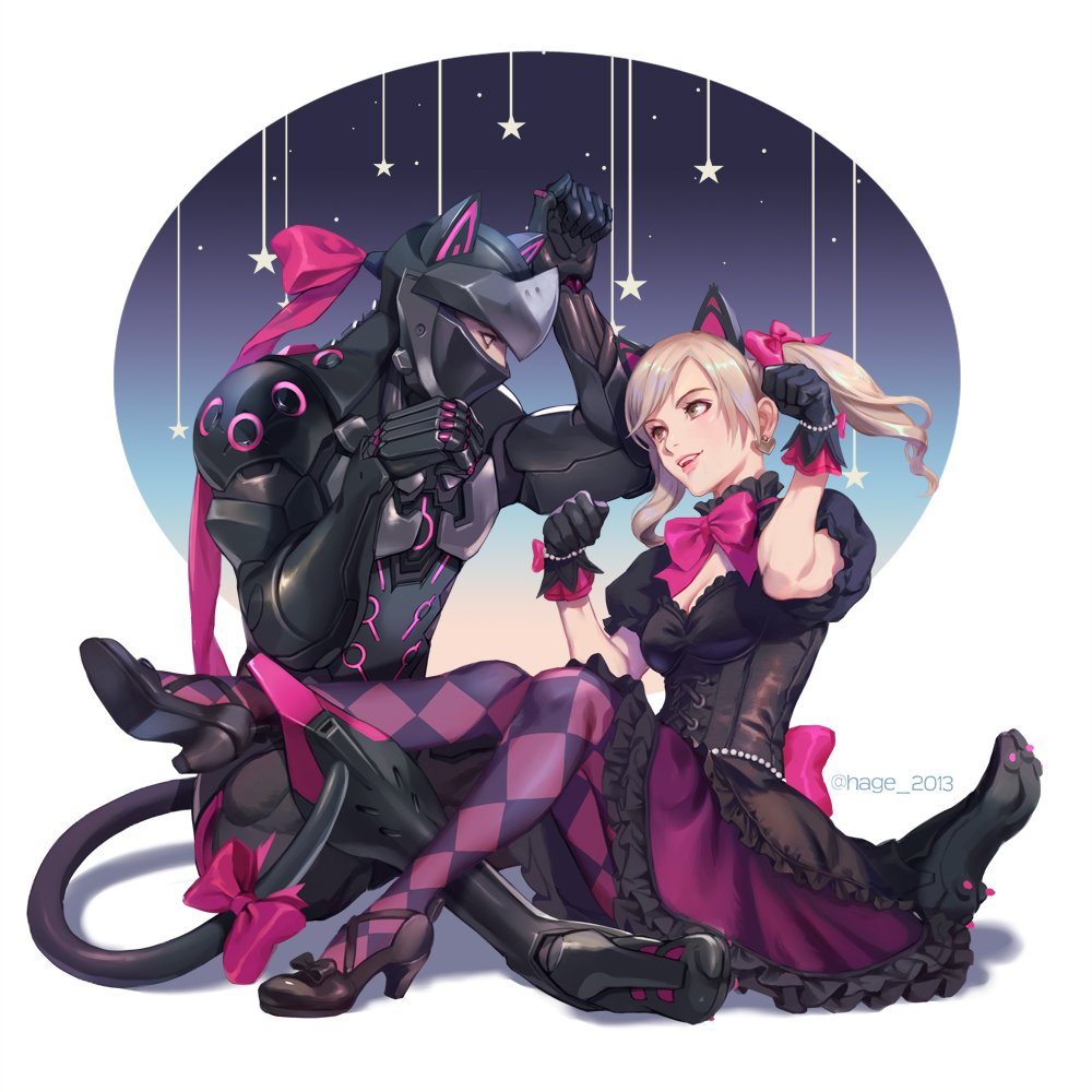1boy 1girl alternate_costume animal_ears armor black_cat_d.va black_dress black_footwear black_gloves black_tail blonde_hair bow breast_cutout breasts cat_ears cat_tail character_request checkered checkered_legwear cleavage corset d.va_(overwatch) dress earrings full_body genji_(overwatch) gloves heart heart_earrings helmet high_heels jewelry light_brown_eyes lolita_fashion medium_breasts open_mouth overwatch pantyhose parted_lips paw_pose pink_bow pink_lips pink_ribbon puffy_short_sleeves puffy_sleeves ribbon sae_(revirth) short_sleeves simple_background sitting star tail tail_bow twintails two-tone_legwear violet_eyes white_background