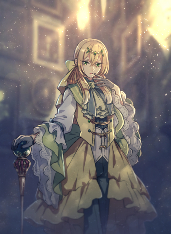androgynous black_gloves black_pants blonde_hair blurry blurry_background dress gloves green_eyes green_neckwear indoors leavanny looking_at_viewer moe_(hamhamham) pants personification pokemon scepter standing vest wide_sleeves yellow_dress