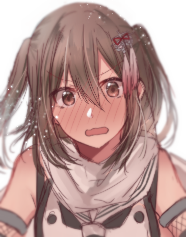 1girl bare_shoulders black_neckwear blurry blush brown_eyes brown_hair depth_of_field embarrassed eyebrows_visible_through_hair fishnets full-face_blush grey_scarf hair_between_eyes hair_ornament kantai_collection light_particles looking_at_viewer neckerchief necktie remodel_(kantai_collection) rinto_(rint_rnt) sendai_(kantai_collection) short_hair simple_background solo tareme tassel two_side_up upper_body vest wavy_mouth white_background wide-eyed