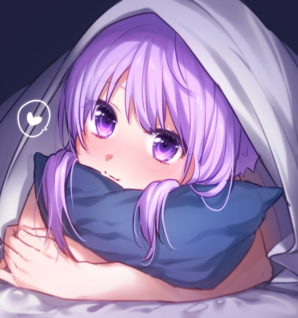 1girl ai_kusunoki bangs bed_sheet blanket blush colored_eyelashes dark_background eyelashes head_tilt heart long_hair looking_at_viewer lying nose_blush on_stomach pillow pillow_hug purple_hair shiny shiny_hair solo speech_bubble spoken_heart under_covers upper_body violet_eyes vocaloid voiceroid yuzuki_yukari