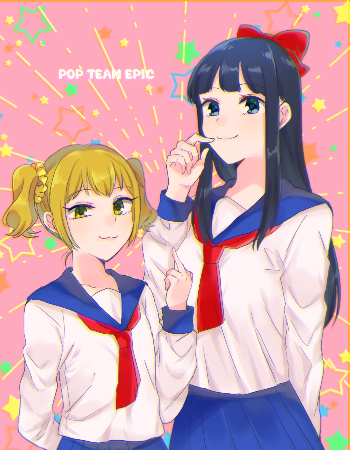 2girls :3 arm_behind_back blonde_hair blue_eyes blue_hair bow hair_bow looking_at_viewer middle_finger multiple_girls pipimi poptepipic popuko red_ribbon ribbon school_uniform scrunchie serafuku short_twintails sidelocks star twintails two_side_up usameruti yellow_eyes