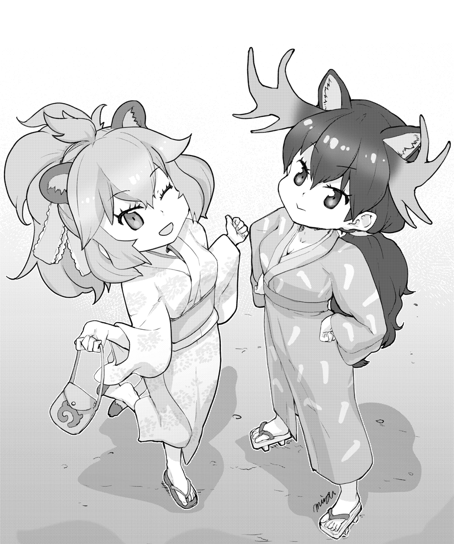 2girls :&gt; alternate_hairstyle animal_ears antlers bag commentary_request greyscale handbag hands_on_hips japanese_clothes japari_symbol kemono_friends kimono lion_(kemono_friends) lion_ears lion_tail mizu monochrome moose_(kemono_friends) moose_ears multiple_girls one_eye_closed open_mouth sandals standing standing_on_one_leg tail