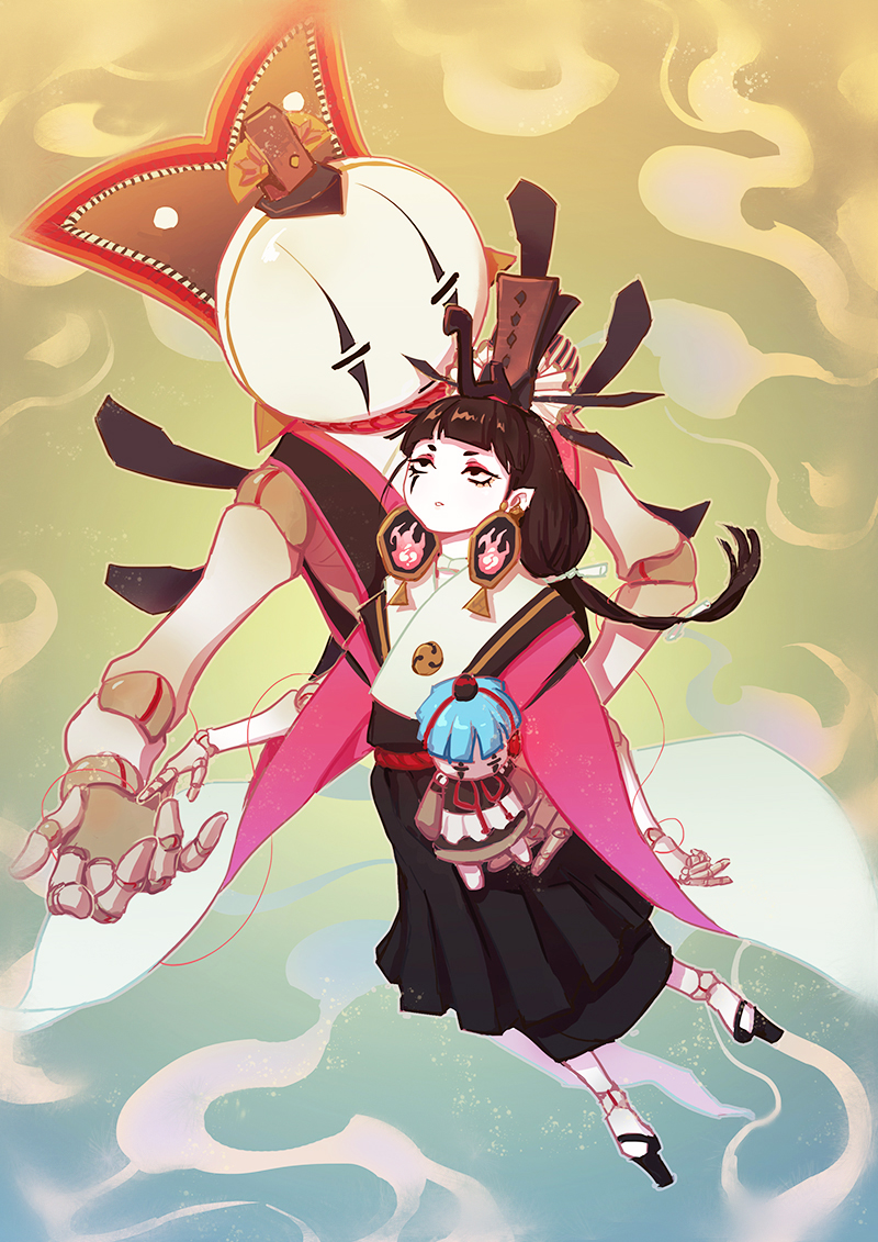 1girl black_hair black_hat doll_joints earrings fire hat japanese_clothes jewelry kairaishi_(onmyoji) long_hair low_ponytail onmyoji pointy_ears puppet puppet_strings sandals skyfiss solo teeth