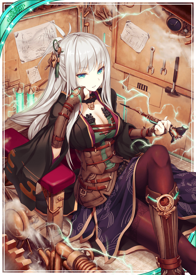 1girl akkijin blue_eyes blueprint boots breasts card_(medium) hammer holding holding_pipe jewelry lightning lightning_bolt looking_at_viewer medium_breasts necklace official_art pantyhose pipe shinkai_no_valkyrie silver_hair sitting solo steam workshop worktool wrench