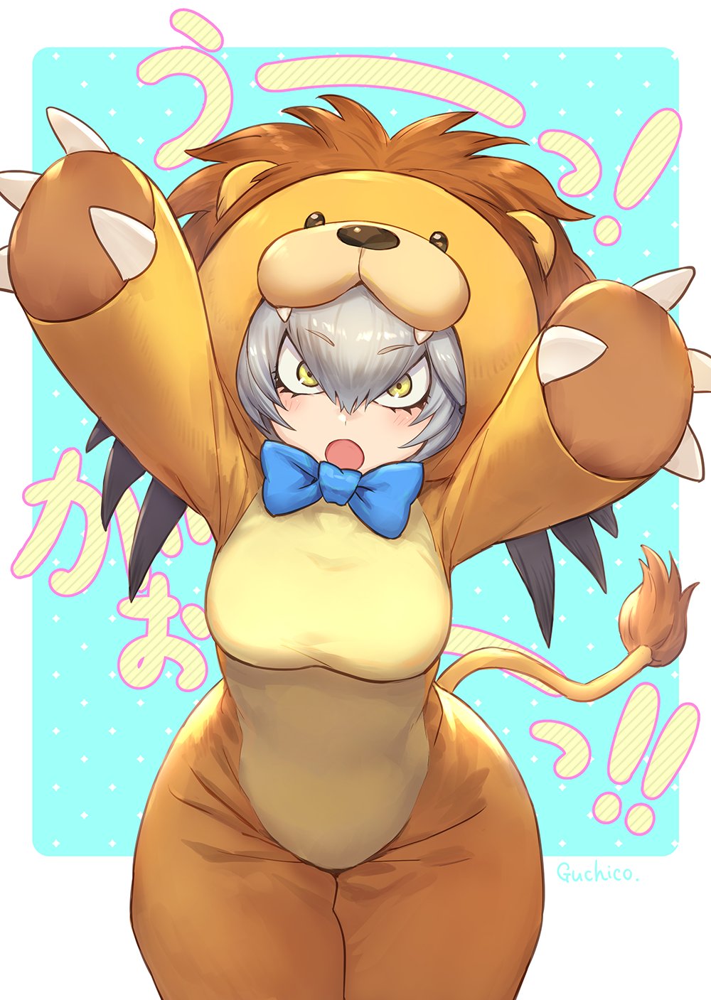 ! &gt;:o 1girl animal_costume artist_name blue_bow blush bow bowtie breasts claws eyebrows_visible_through_hair eyelashes guchico hair_between_eyes half-closed_eyes head_wings highres hips kemono_friends lion_costume open_mouth shiny shiny_hair shoebill_(kemono_friends) silver_hair solo tail text wide_hips yellow_eyes