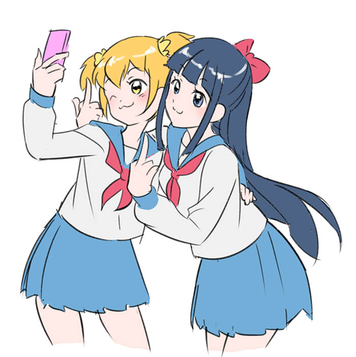 2girls :3 alternate_hair_color bangs blonde_hair blouse blue_eyes blue_hair blue_sailor_collar blue_skirt blunt_bangs blush bow closed_mouth grey_shirt hair_bow hand_on_another's_back holding holding_phone jiayu_long leaning_forward long_hair long_sleeves looking_at_phone middle_finger multiple_girls neckerchief phone pink_bow pink_neckwear pipimi pleated_skirt poptepipic popuko pose sailor_collar self_shot shiny shiny_hair shirt short_hair simple_background skirt white_background yellow_eyes