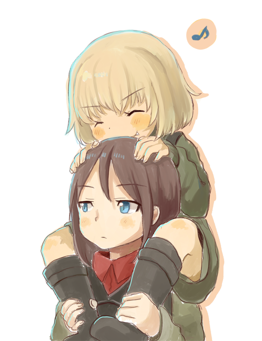2girls ^_^ bangs black_footwear blue_eyes blush boots brown_hair carrying closed_eyes closed_mouth collared_shirt eyebrows_visible_through_hair fang fang_out fingernails foomi girls_und_panzer green_jacket green_jumpsuit hands_on_another's_head jacket katyusha knee_boots light_brown_hair long_sleeves multiple_girls musical_note nonna pravda_military_uniform quaver red_shirt shirt short_jumpsuit shoulder_carry smile white_background