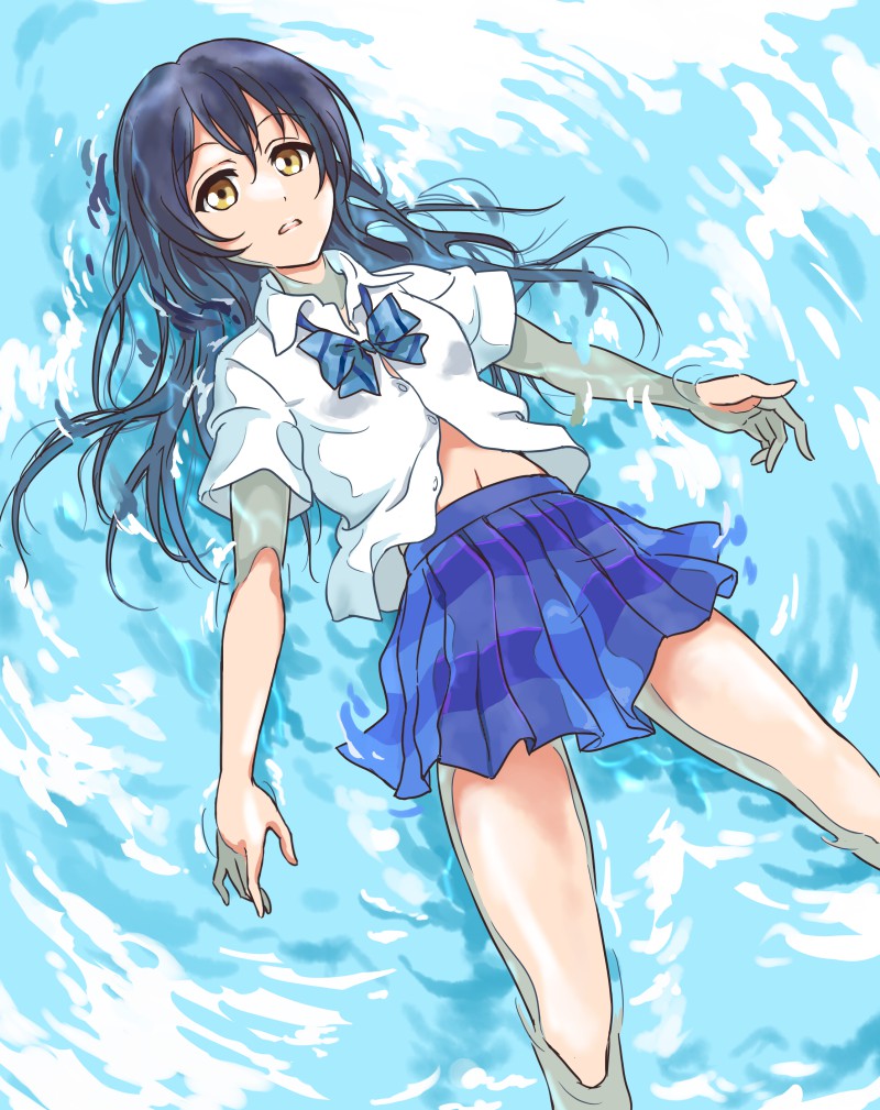 1girl blue_hair blue_neckwear bow bowtie commentary_request eyebrows_visible_through_hair hair_between_eyes long_hair love_live! love_live!_school_idol_project lying navel on_back open_mouth otonokizaka_school_uniform partially_submerged pleated_skirt school_uniform shirt short_sleeves skirt solo sonoda_umi striped_neckwear tetopetesone water wet wet_clothes wet_hair white_shirt yellow_eyes