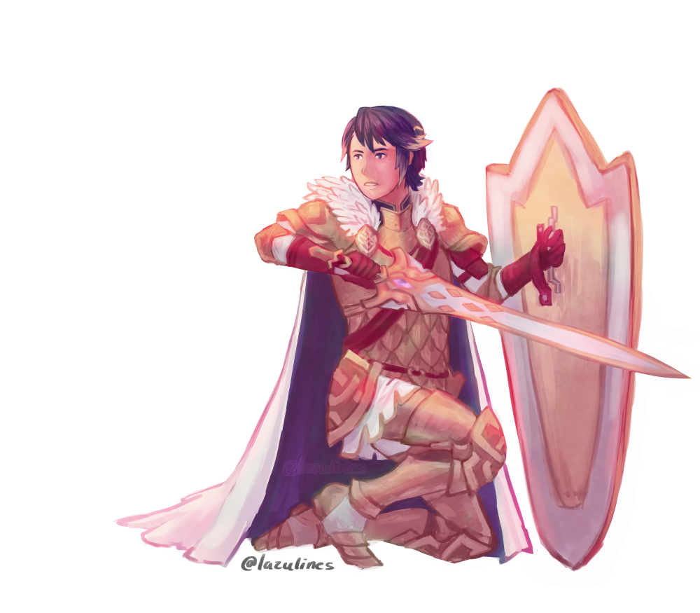 alfonse_(fire_emblem) armor blue_eyes blue_hair cape fire_emblem fire_emblem_heroes fur_collar gloves greaves holding holding_shield holding_sword holding_weapon kneeling shield simple_background sword weapon white_background